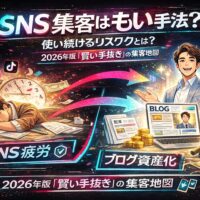 sns集客はもう古いと訴求するTikTok風デザインのアイキャッチ。SNS疲労で消耗する男性とブログ資産化で自動集客を実現するビジネスマンを対比した集客戦略ビジュアル