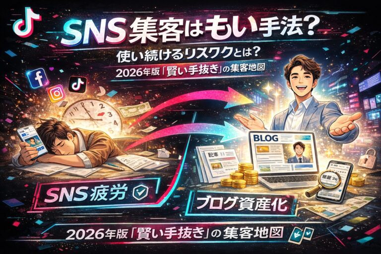 sns集客はもう古いと訴求するTikTok風デザインのアイキャッチ。SNS疲労で消耗する男性とブログ資産化で自動集客を実現するビジネスマンを対比した集客戦略ビジュアル