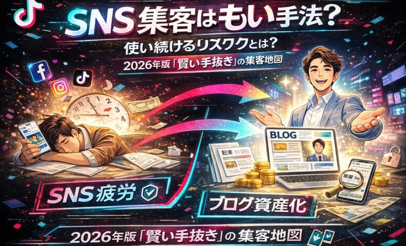 sns集客はもう古いと訴求するTikTok風デザインのアイキャッチ。SNS疲労で消耗する男性とブログ資産化で自動集客を実現するビジネスマンを対比した集客戦略ビジュアル