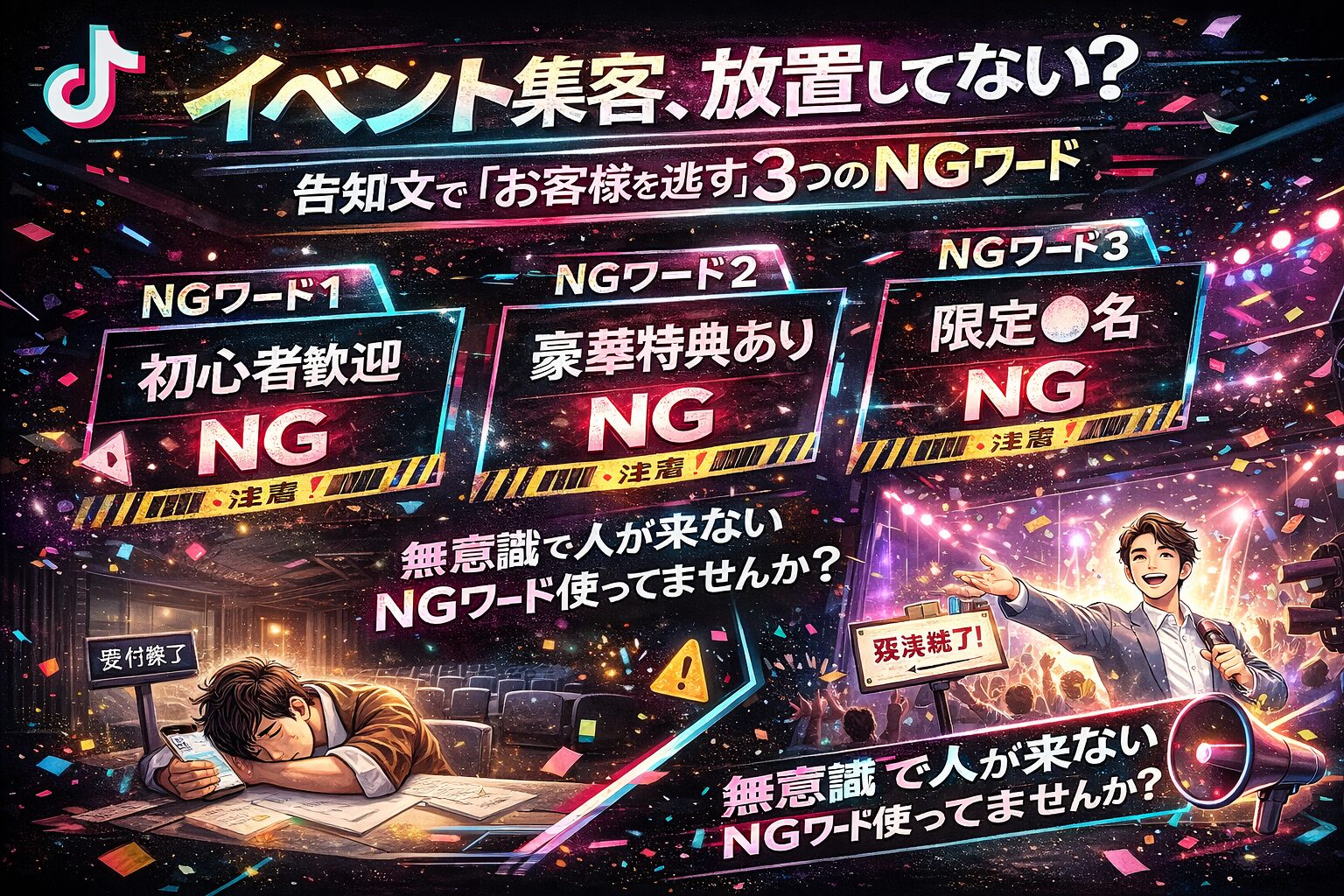 イベント 集客に失敗するNGワードを警告するTikTok風デザインのアイキャッチ。空席会場と満席イベントを対比し、告知文改善の重要性を訴求するビジュアル