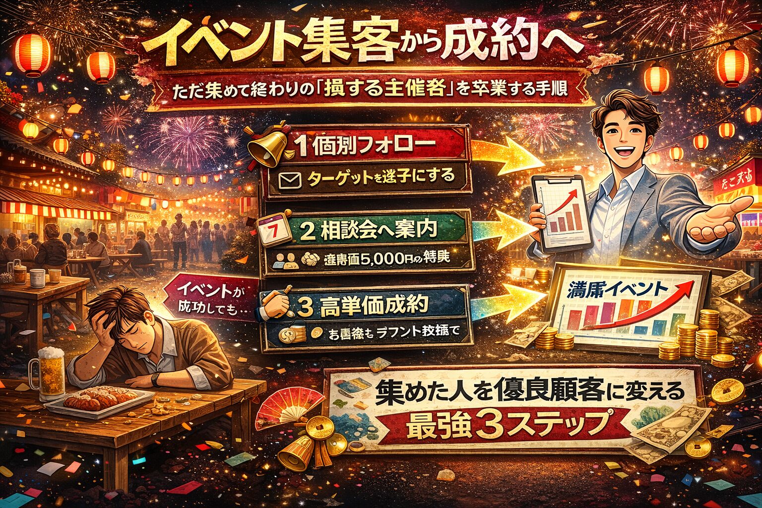 イベント 集客から成約へ導く祭り風デザインのアイキャッチ。提灯や花火の背景で賑わう会場と、参加者を顧客化する導線を示したマーケティング解説ビジュアル