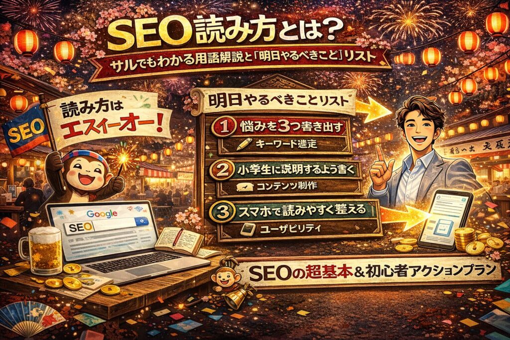 seo 読み方を初心者向けに楽しく学べる祭り風アイキャッチ。花火と提灯の夜店背景でSEOの基本と明日やるべき行動リストを解説するカラフルなWeb集客イラスト