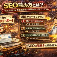 seo 読み方を初心者向けに楽しく学べる祭り風アイキャッチ。花火と提灯の夜店背景でSEOの基本と明日やるべき行動リストを解説するカラフルなWeb集客イラスト