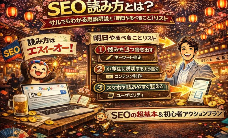 seo 読み方を初心者向けに楽しく学べる祭り風アイキャッチ。花火と提灯の夜店背景でSEOの基本と明日やるべき行動リストを解説するカラフルなWeb集客イラスト