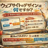 ウェブサイトのデザインは何ですかという疑問に答える、キャンパスに描かれたサイト設計図とCTAボタン改善例を示すデザイン解説アイキャッチ画像