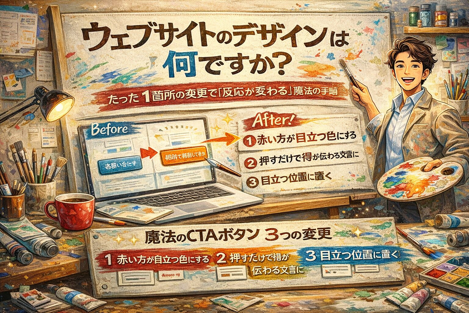 ウェブサイトのデザインは何ですかという疑問に答える、キャンパスに描かれたサイト設計図とCTAボタン改善例を示すデザイン解説アイキャッチ画像