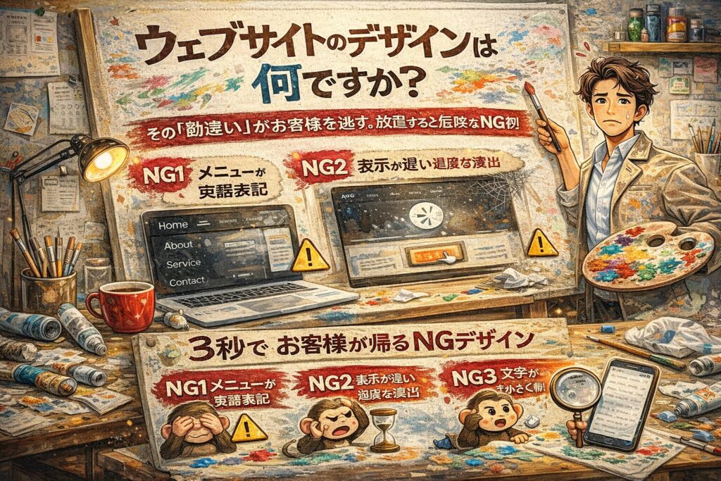 ウェブサイトのデザインは何ですかを解説するキャンパス風アイキャッチ。絵の具やイーゼル背景でNGデザイン例とユーザビリティ改善ポイントを示すWeb改善イラスト