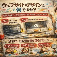 ウェブサイトのデザインは何ですかを解説するキャンパス風アイキャッチ。絵の具やイーゼル背景でNGデザイン例とユーザビリティ改善ポイントを示すWeb改善イラスト