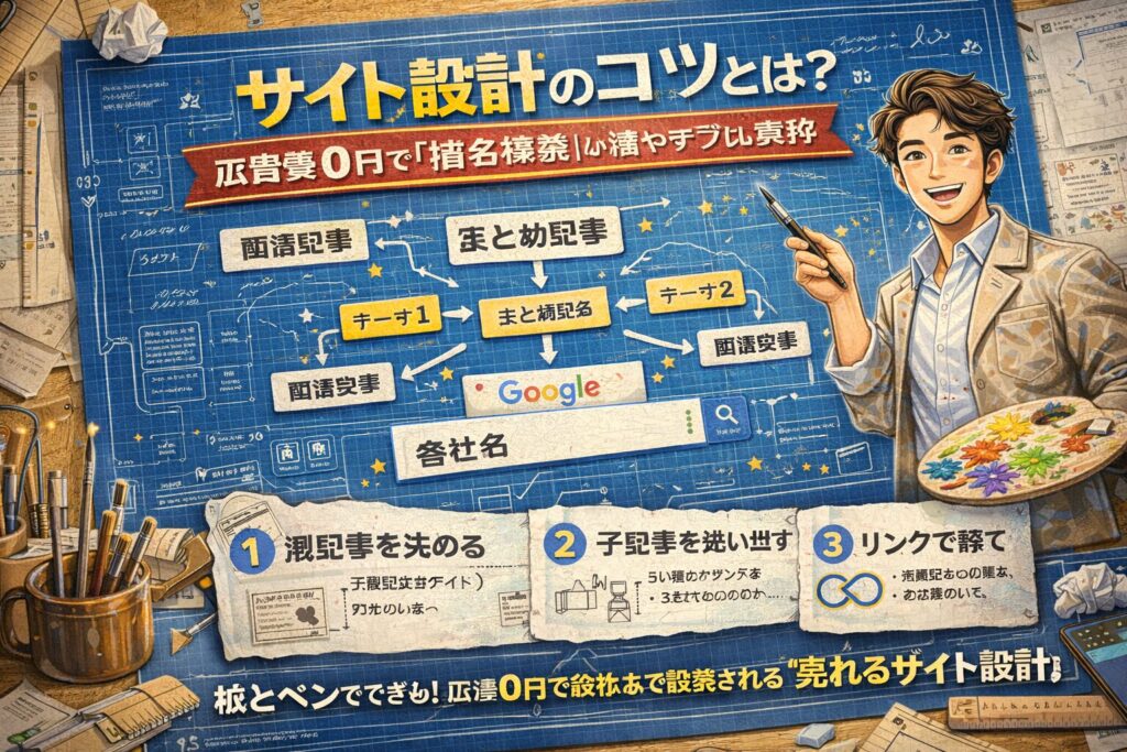 設計図の背景にサイト構造図と矢印が描かれ、サイト設計によって指名検索と集客力を高めるWeb戦略を表現したビジュアル