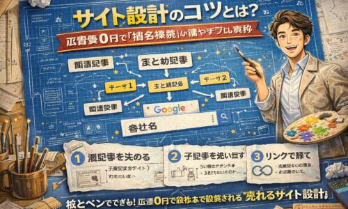 設計図の背景にサイト構造図と矢印が描かれ、サイト設計によって指名検索と集客力を高めるWeb戦略を表現したビジュアル