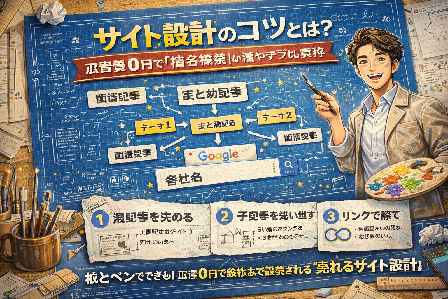設計図の背景にサイト構造図と矢印が描かれ、サイト設計によって指名検索と集客力を高めるWeb戦略を表現したビジュアル
