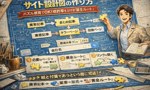 サイト設計の流れを設計図風に描いたブループリント背景で、ページ構成と黄金ルートをパズルのように組み立てるWeb集客戦略イラスト