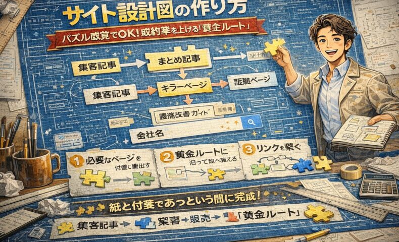 サイト設計の流れを設計図風に描いたブループリント背景で、ページ構成と黄金ルートをパズルのように組み立てるWeb集客戦略イラスト