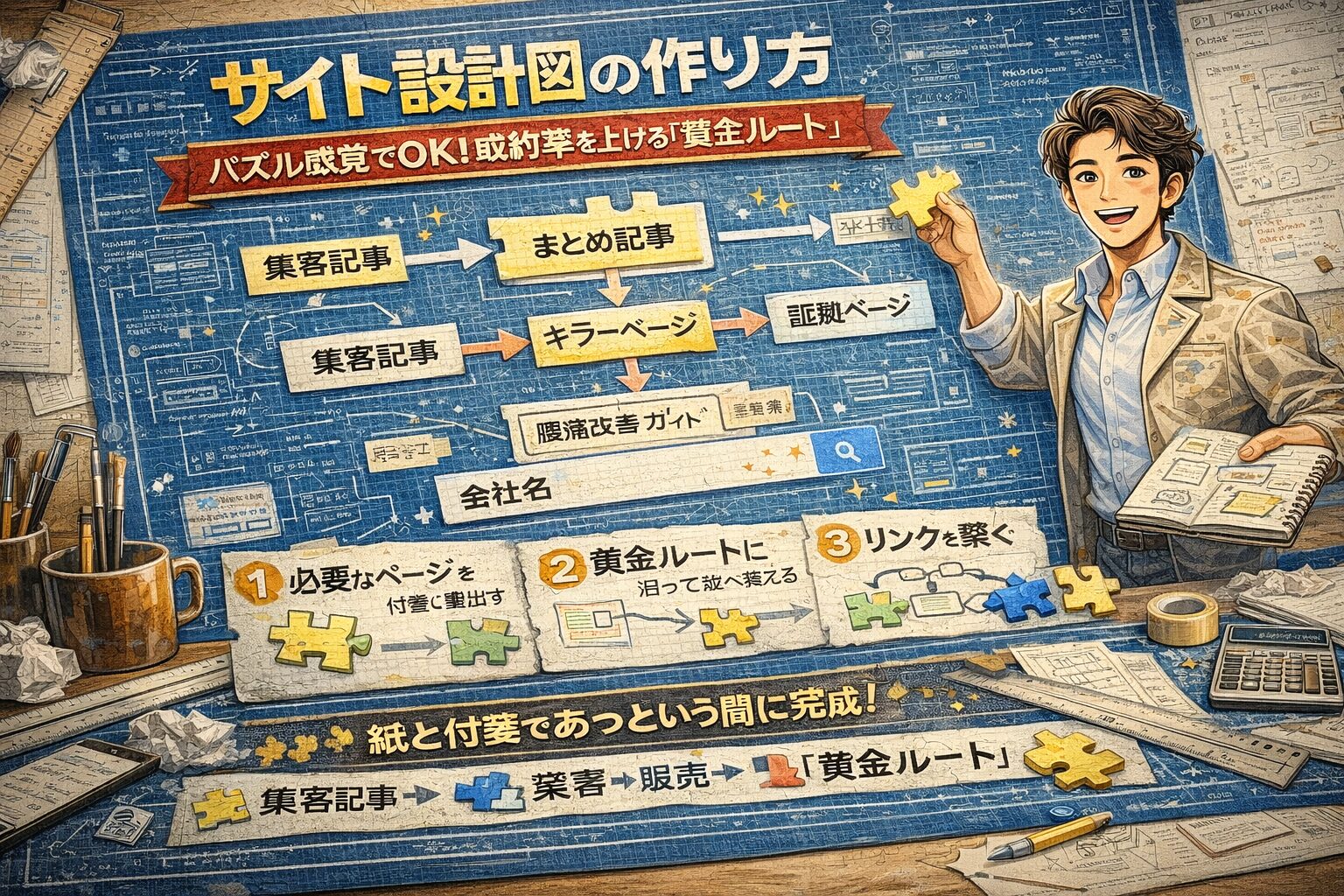 サイト設計の流れを設計図風に描いたブループリント背景で、ページ構成と黄金ルートをパズルのように組み立てるWeb集客戦略イラスト