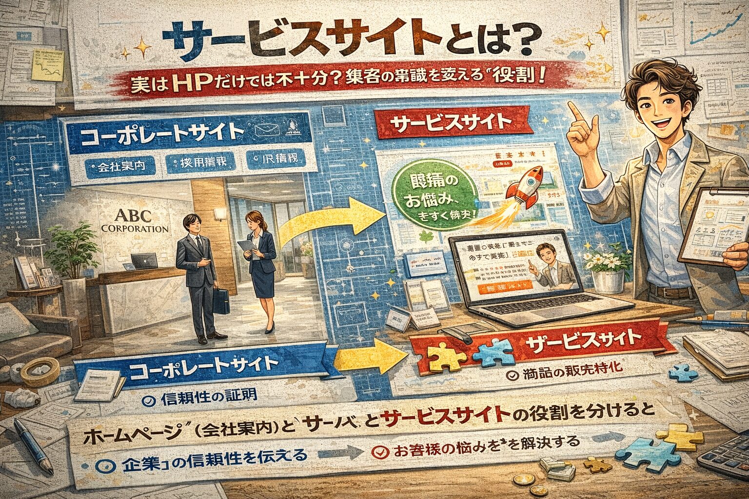 サービスサイトとは何かを解説するイラスト。コーポレートサイトとサービスサイトの役割を比較し、集客と販売に特化したサイト設計の違いを図解で示したビジネス向けアイキャッチ画像