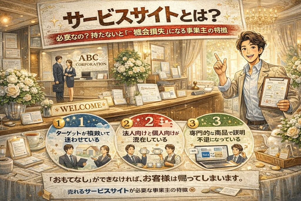 おもてなしの空間で顧客を迎え入れる店舗イメージを背景に、サービスサイトとは売上を生む専用Webサイトであることを表現した集客戦略コンセプトビジュアル