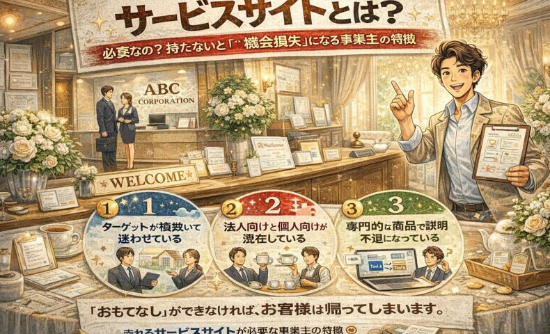 おもてなしの空間で顧客を迎え入れる店舗イメージを背景に、サービスサイトとは売上を生む専用Webサイトであることを表現した集客戦略コンセプトビジュアル