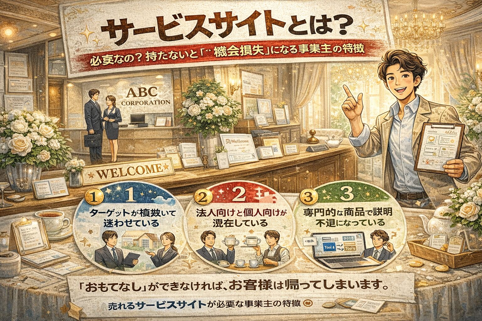 おもてなしの空間で顧客を迎え入れる店舗イメージを背景に、サービスサイトとは売上を生む専用Webサイトであることを表現した集客戦略コンセプトビジュアル