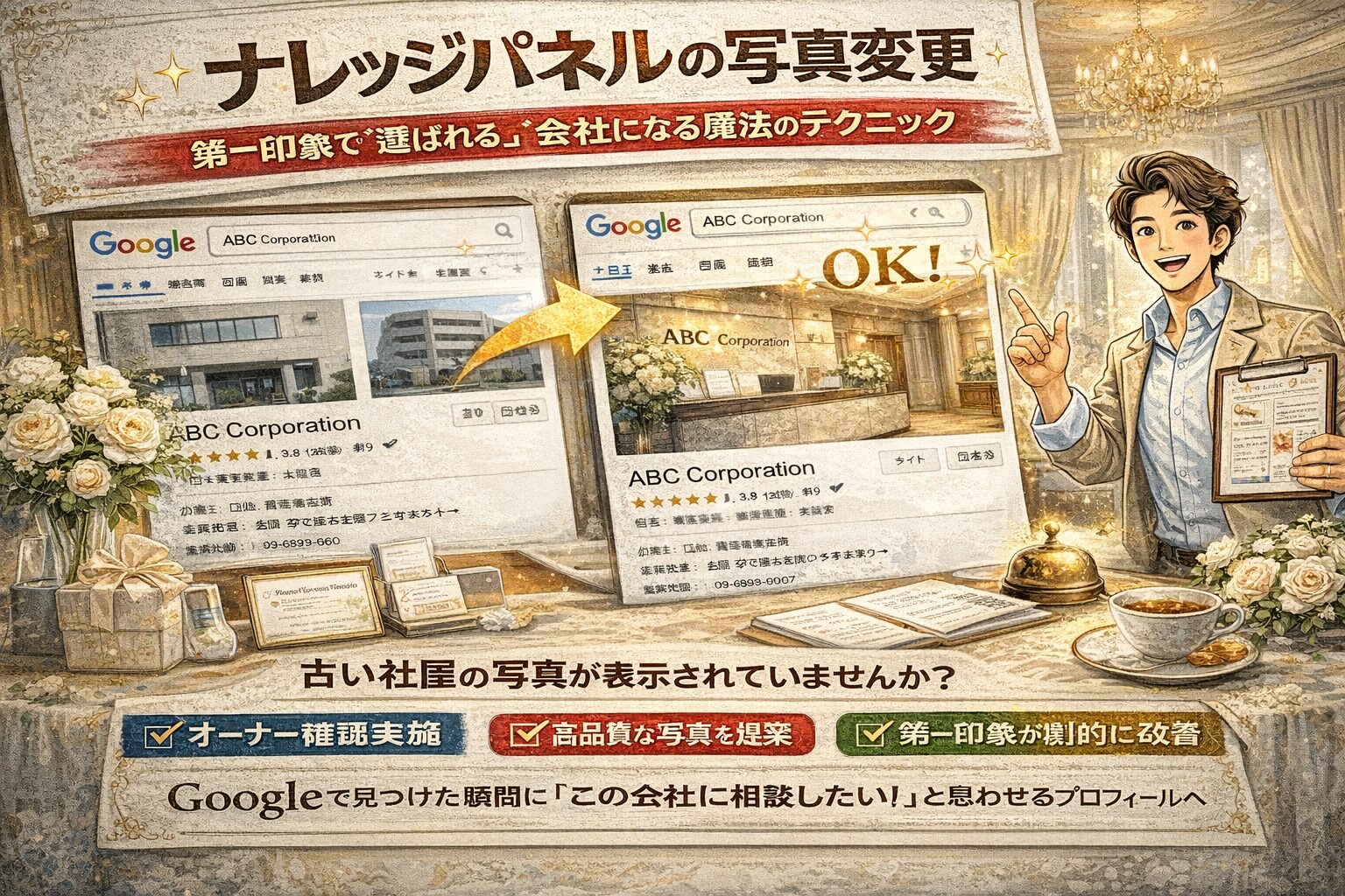 ナレッジパネルの写真変更で第一印象を改善し信頼度と集客力を高める方法を解説する企業ブランディングイメージ画像