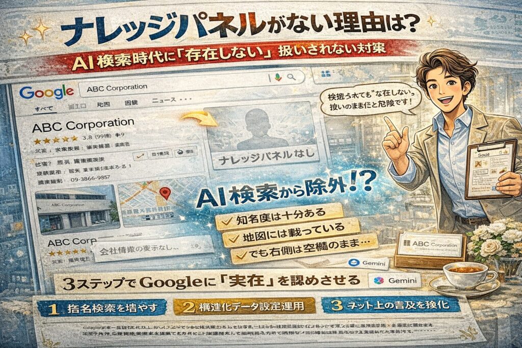 ナレッジパネルの表示有無を比較し、会社情報ボックスと検索結果画面が描かれたWebブランディング対策イメージイラスト