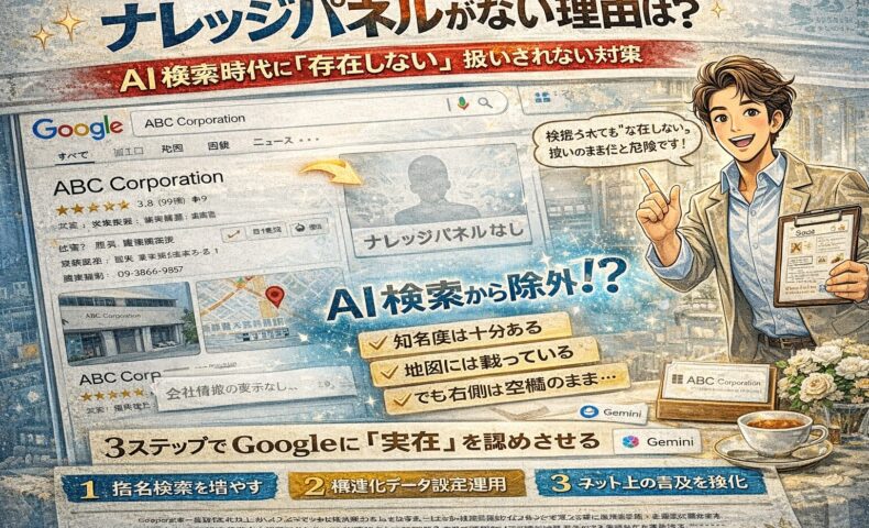 ナレッジパネルの表示有無を比較し、会社情報ボックスと検索結果画面が描かれたWebブランディング対策イメージイラスト