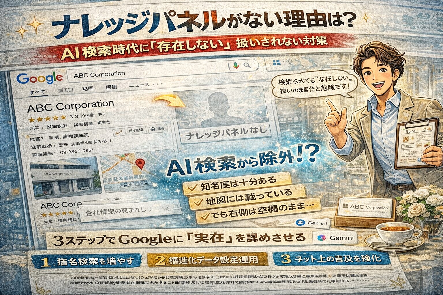 ナレッジパネルの表示有無を比較し、会社情報ボックスと検索結果画面が描かれたWebブランディング対策イメージイラスト