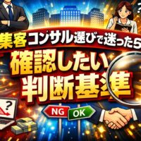 威圧的な態度のコンサルと冷静に比較検討する人物を配置し、コンサル 偉そうと感じた際の相性や判断基準を視覚的に示している構図