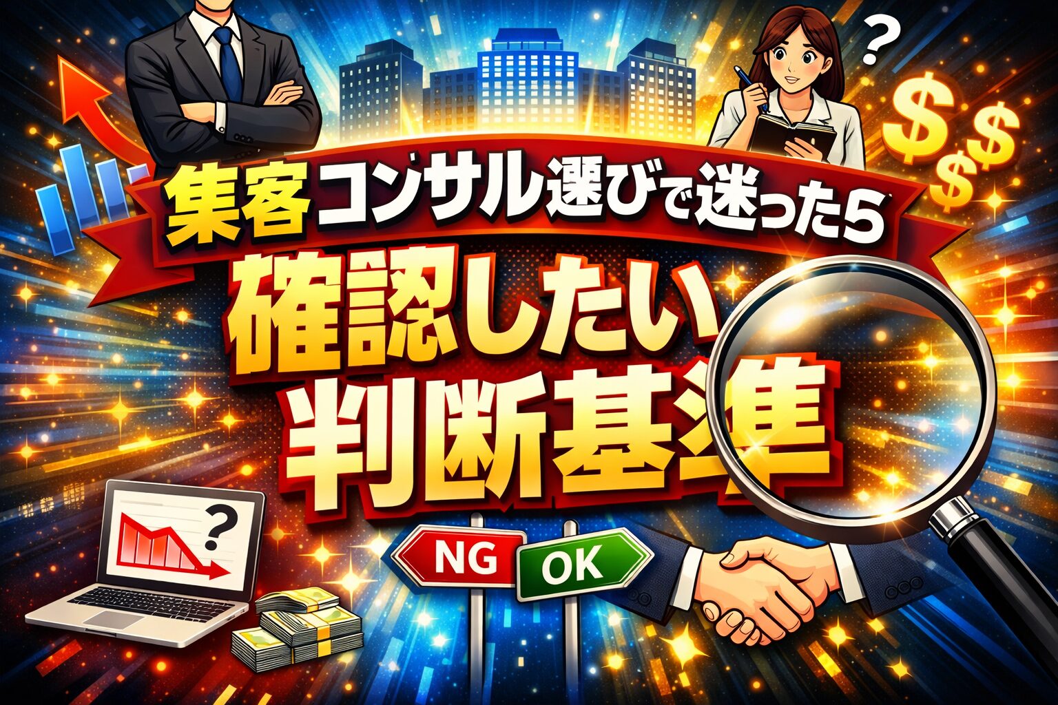 威圧的な態度のコンサルと冷静に比較検討する人物を配置し、コンサル 偉そうと感じた際の相性や判断基準を視覚的に示している構図
