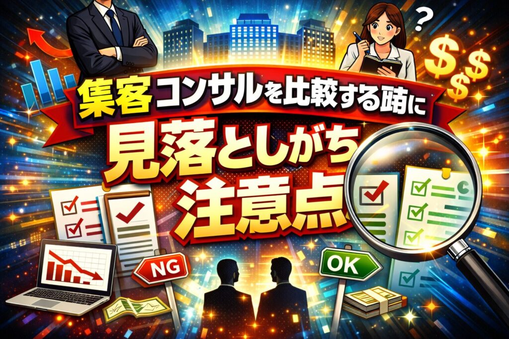 複数の集客コンサルを比較しながら、料金や実績だけで判断せず注意点を見極めようと考える人物の様子を表現している構図