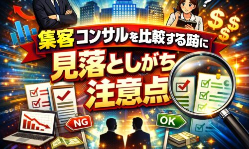 複数の集客コンサルを比較しながら、料金や実績だけで判断せず注意点を見極めようと考える人物の様子を表現している構図