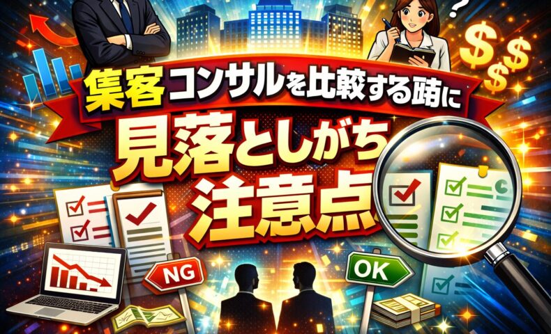 複数の集客コンサルを比較しながら、料金や実績だけで判断せず注意点を見極めようと考える人物の様子を表現している構図