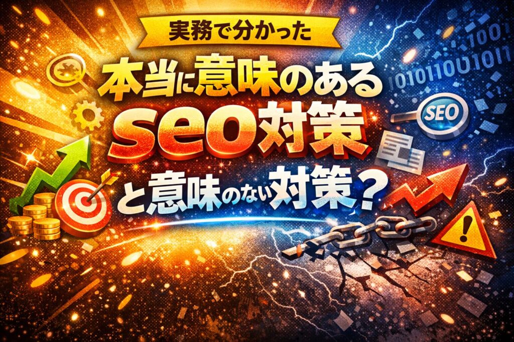 実務で分かった本当に意味のあるseo対策と意味のない対策を対比し、成果につながる施策と失敗しやすい施策の違いを象徴的に示している