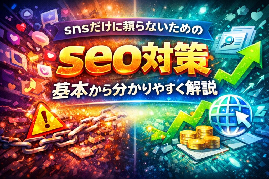sns集客への依存から脱却し、seo対策によって検索流入と安定した成果を積み上げていく構造を視覚的に表現している