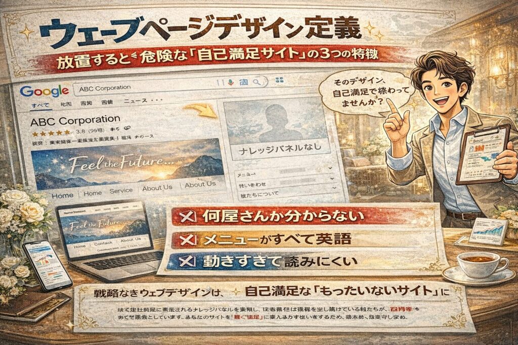 ウェブページデザインの定義を解説し、自己満足サイトの危険な特徴と正しい設計改善ポイントを示すイラスト