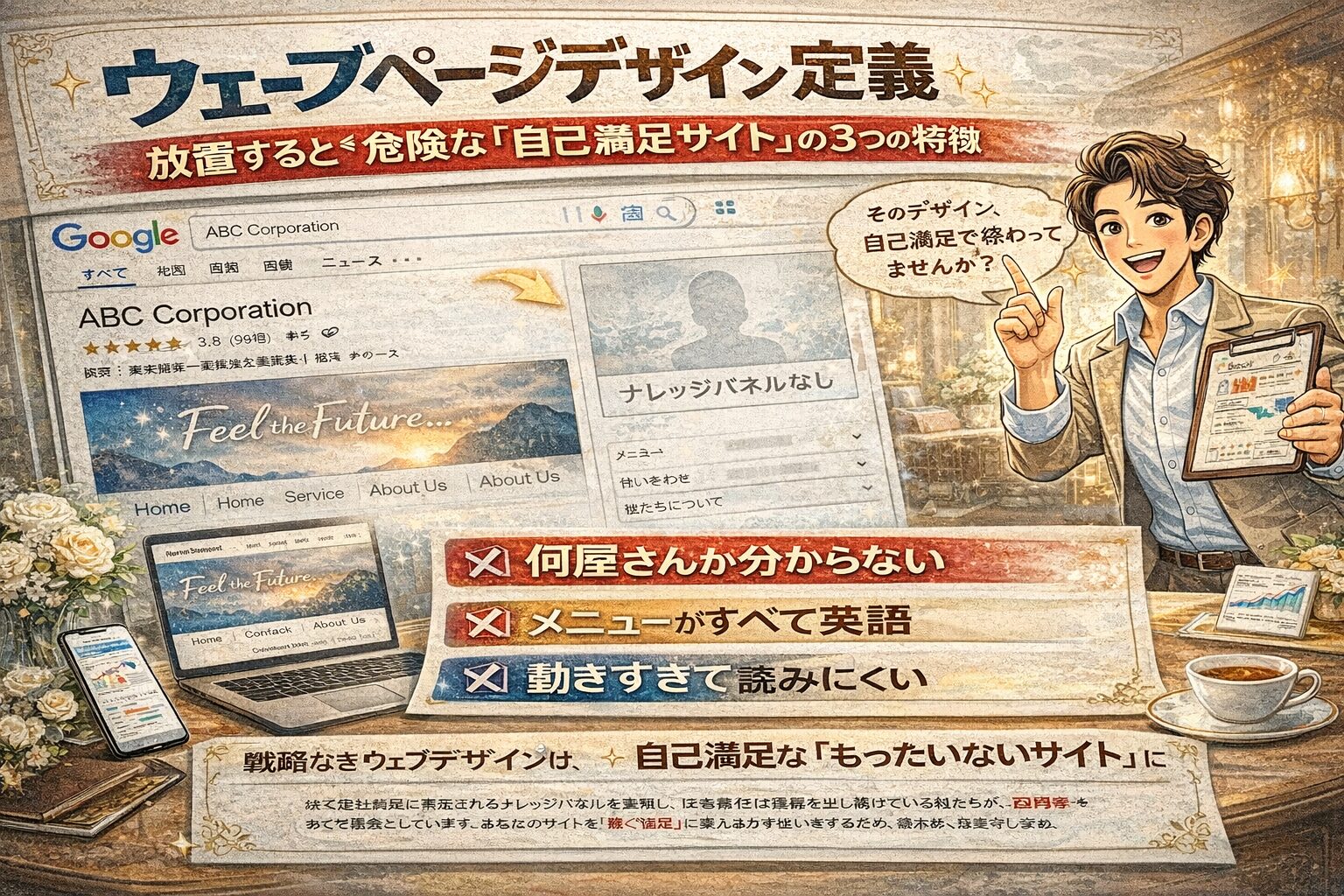 ウェブページデザインの定義を解説し、自己満足サイトの危険な特徴と正しい設計改善ポイントを示すイラスト