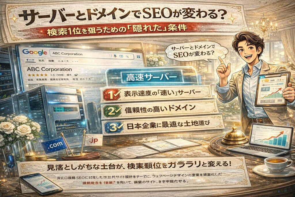 サーバーとドメインの違いを視覚的に解説し、表示速度とSEO順位の関係をおもてなしの世界観で表現したWeb集客アイキャッチ画像