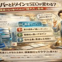 サーバーとドメインの違いを視覚的に解説し、表示速度とSEO順位の関係をおもてなしの世界観で表現したWeb集客アイキャッチ画像