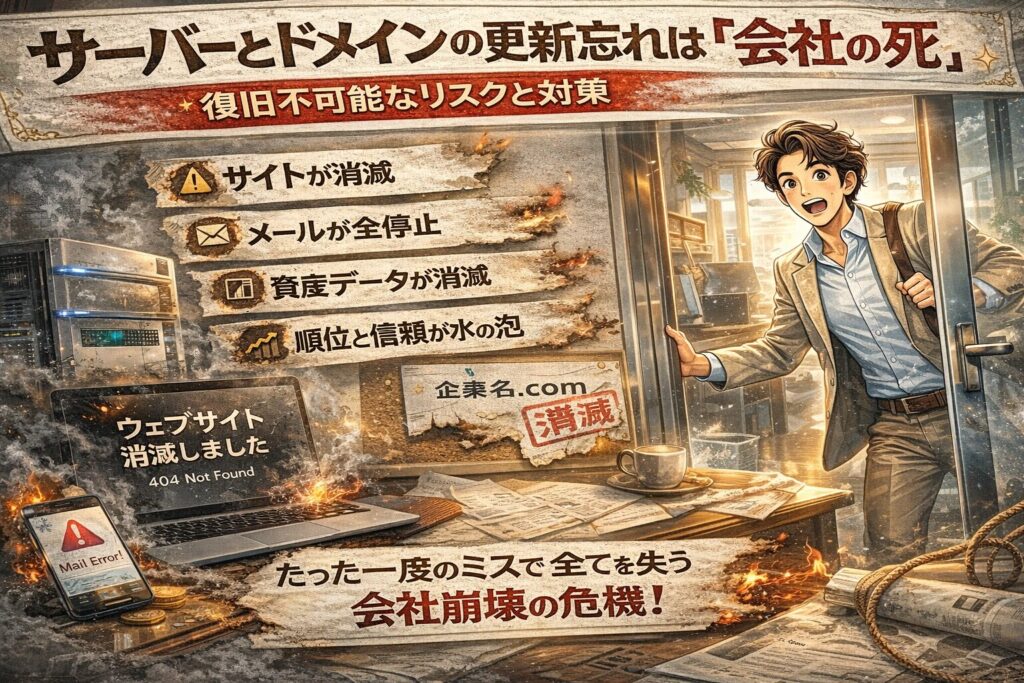 朝出勤した社員がサイト消失に驚く様子と、期限切れを示すサーバーとドメインのトラブルを表現したイラスト