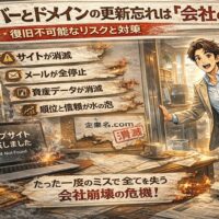 朝出勤した社員がサイト消失に驚く様子と、期限切れを示すサーバーとドメインのトラブルを表現したイラスト