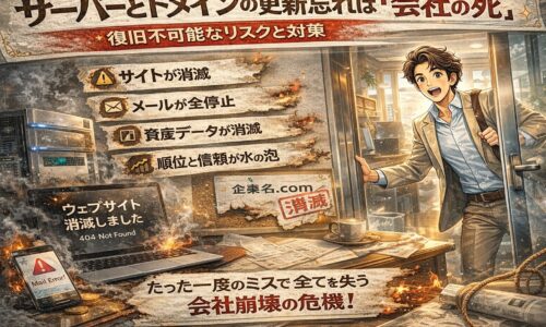 朝出勤した社員がサイト消失に驚く様子と、期限切れを示すサーバーとドメインのトラブルを表現したイラスト