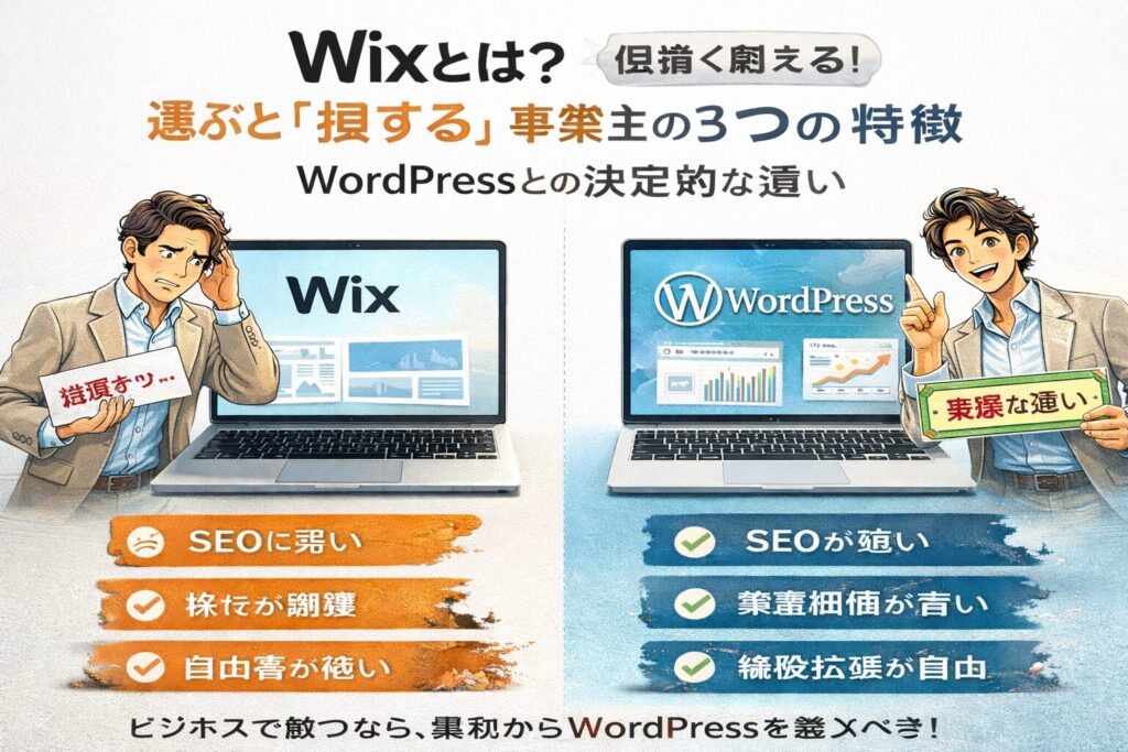 Wixとは何かを解説し、WixとWordPressの違いを比較して集客に強いホームページ選びを示すシンプルな対比アイキャッチ画像