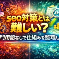 seo対策とは何かを、混乱した状態と整理された成果の対比で示し、仕組みを分かりやすく理解できる構成を表現している