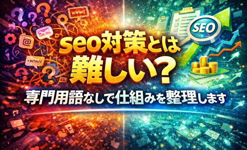 seo対策とは何かを、混乱した状態と整理された成果の対比で示し、仕組みを分かりやすく理解できる構成を表現している
