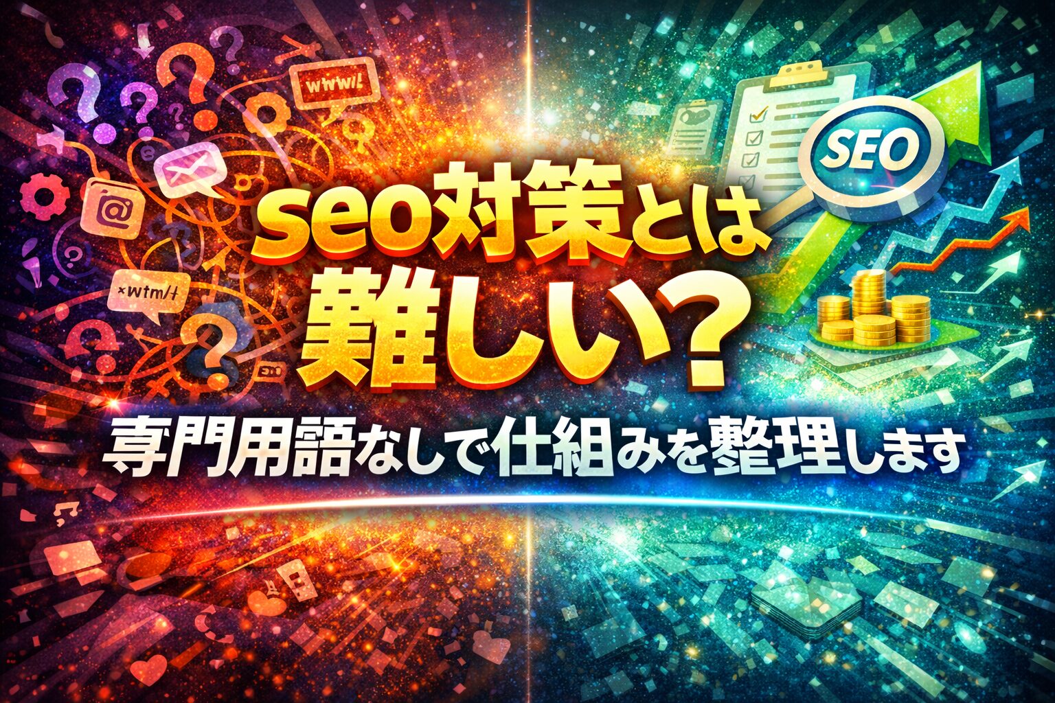 seo対策とは何かを、混乱した状態と整理された成果の対比で示し、仕組みを分かりやすく理解できる構成を表現している