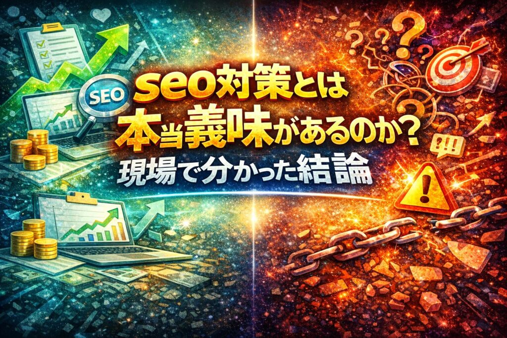 seo対策とは本当に意味があるのかを、成果が積み上がる状態と停滞する状態の対比で示し、現場で分かった結論を象徴的に表している