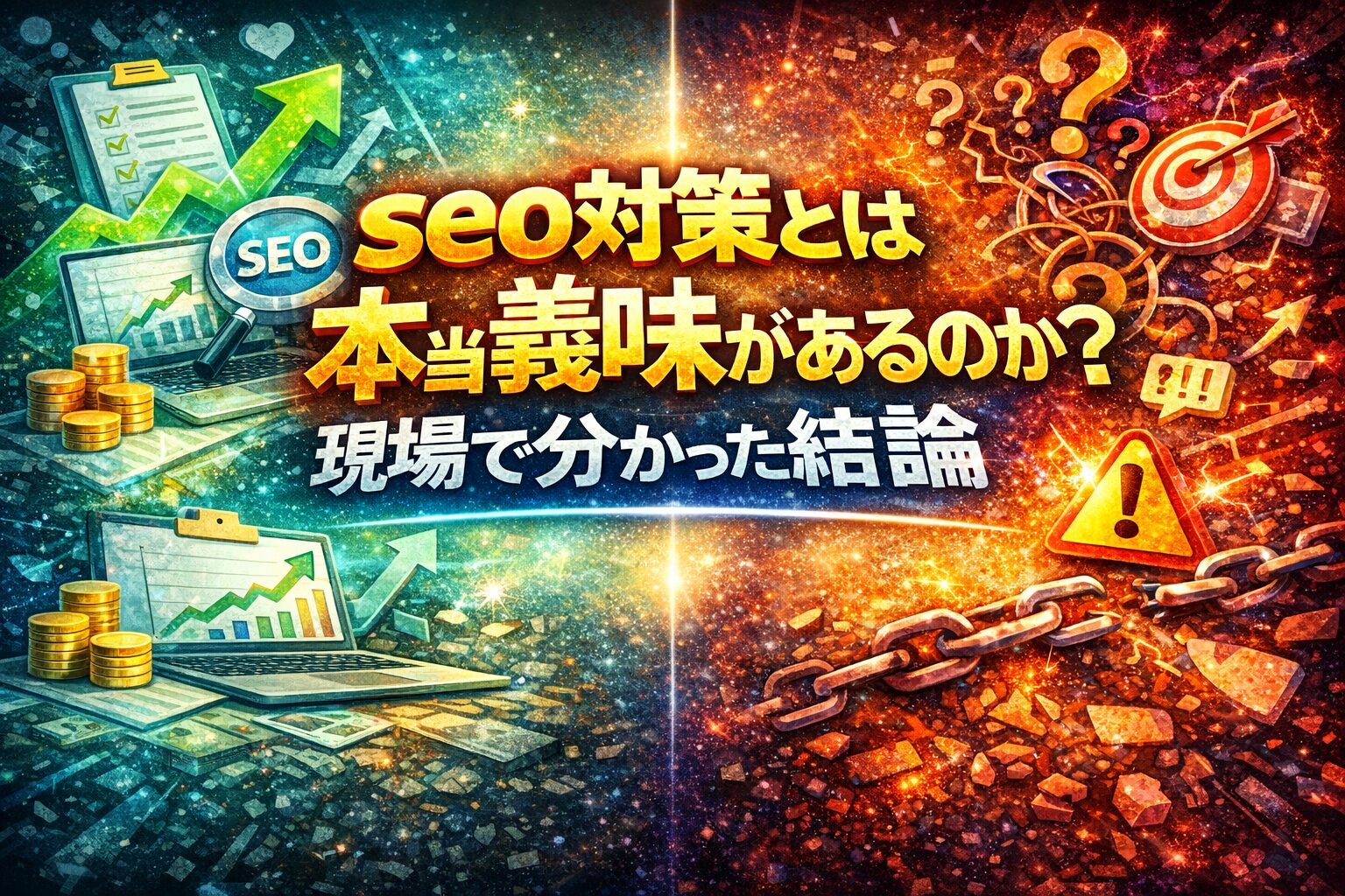 seo対策とは本当に意味があるのかを、成果が積み上がる状態と停滞する状態の対比で示し、現場で分かった結論を象徴的に表している