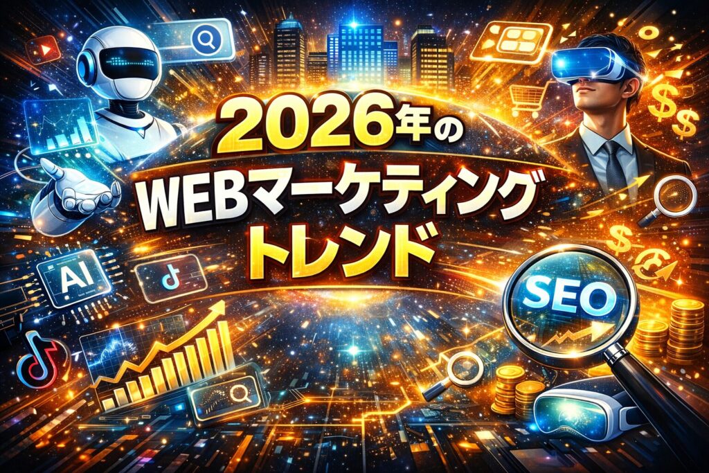 2026年のWEBマーケティングトレンドを象徴するAI、動画、SEO、仮想体験、データ活用が都市空間と融合した未来的ビジュアル構成