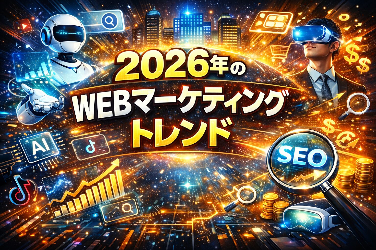 2026年のWEBマーケティングトレンドを象徴するAI、動画、SEO、仮想体験、データ活用が都市空間と融合した未来的ビジュアル構成
