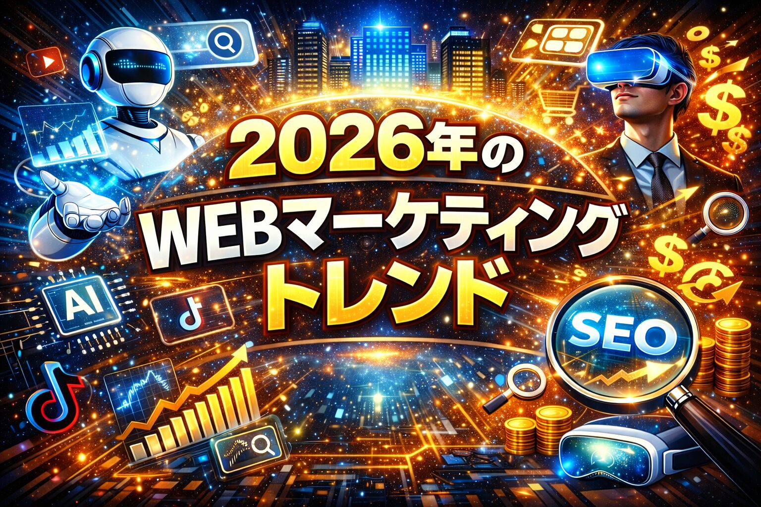 AIが検索結果を生成し、SEOやデータ分析、検索体験の変化を示す未来的なビジュアル構成。AI SEO 影響による検索前提の変化を表現している構図。