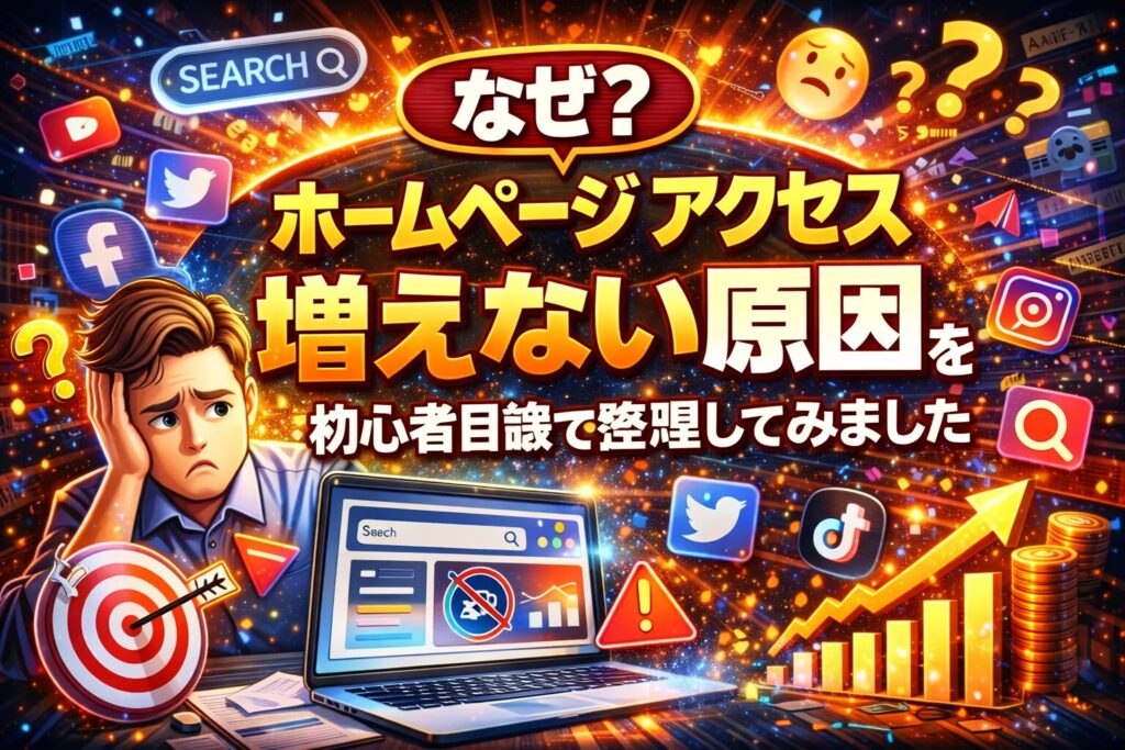 ホームページのアクセスが増えない原因に悩む初心者が、検索やSNS、数字の低下を前に戸惑っている様子を表現し、集客の壁を可視化している